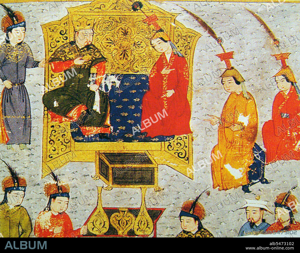 Tolui Khan with his wife Sorghaghtani. From Rashid al-Din, Jami al-Tawarikh, early 14th century. Tolui, also rendered Toluy, Tului or Tolui Khan (1192-1232) was the youngest son of Genghis Khan by Borte. His ulus, or territorial inheritance, at his father's death in 1227 was the homelands in Mongolia, and it was he who served as civil administrator in the time it took to confirm Ogodei as second Khagan of the Mongol Empire (1206-1368). Before that, he had served with distinction in the campaigns against the Jin Dynasty, the Xi Xia and the Khwarezmid Empire, where he was instrumental in the capture and massacre at Merv and Nishapur. He is a direct ancestor of most of the Emperors of Mongolia.