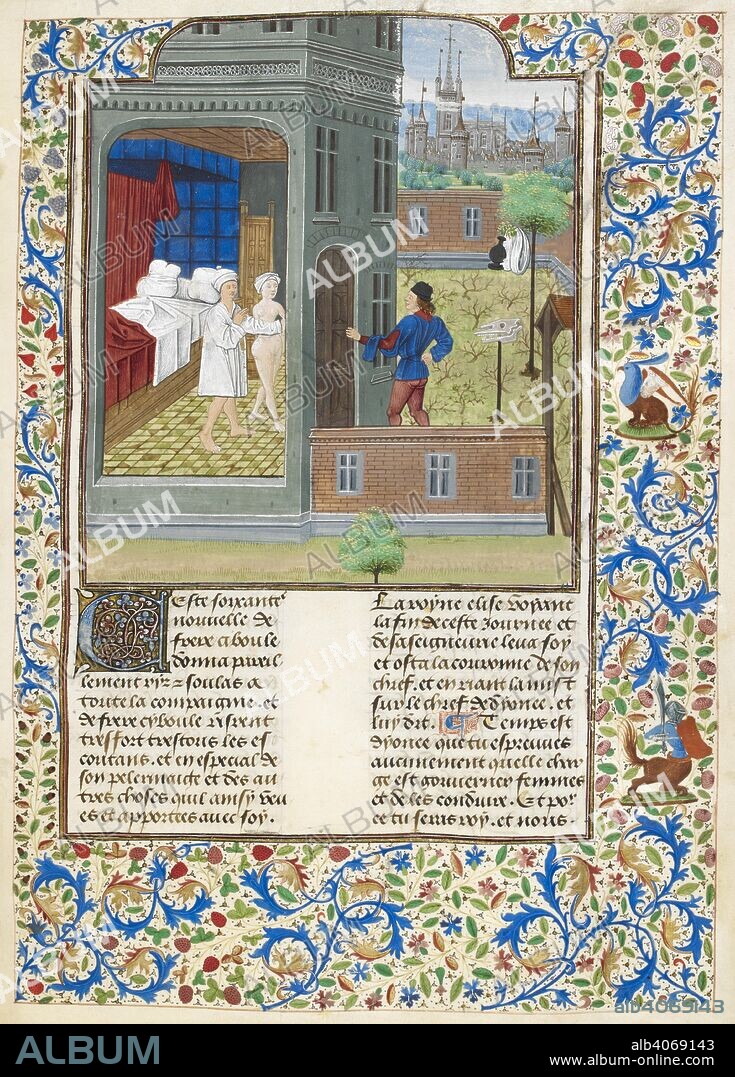 GIOVANNI BOCCACCIO. Book VII, chapter 1. Gianni Lotteringhi, in a nightshirt, and his naked wife rise from their bed as her lover Federigo knocks at the door. The town in the background is either Florence or Fiesole. Decameron. Netherlands; circa 1475. Source: Add. 35323, f.25. Language: French.