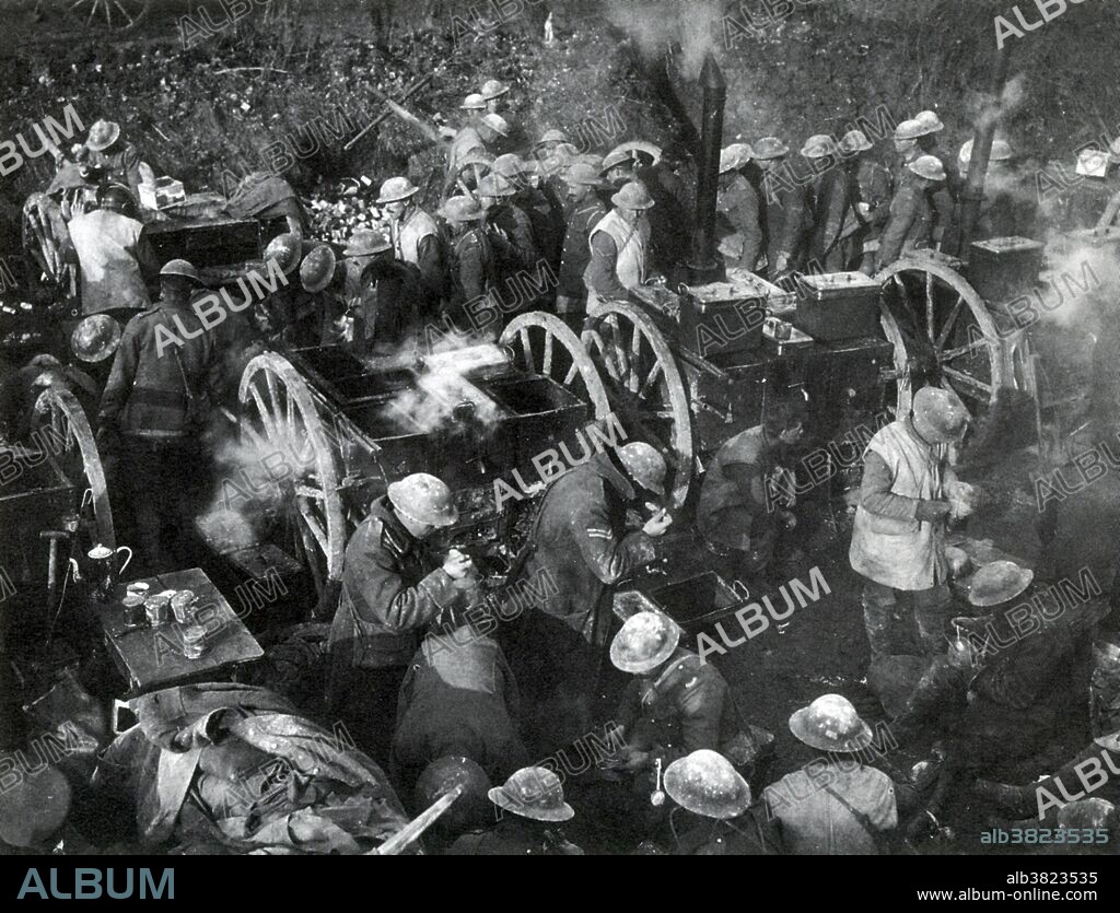British troops receive rations from field kitsch, October 1916. Hot food was a morale booster in the cold, muddy, wet conditions of the Somme campaign. Field kitchen is a mobile kitchen, mobile canteens or food truck used primarily by military services to provide warm food to the troops near the frontline or in temporary encampments. The Battle of the Somme was a battle of WWI fought by the armies of the British and French empires against the German Empire. It took place between July 1 and November 18, 1916 on either side of the River Somme in France. The battle was one of the largest of World War I, in which more than 1,000,000 men were wounded or killed, making it one of humanity's bloodiest battles. The battle is notable for the importance of air power and the first use of the tank. At the end of the battle, British and French forces had penetrated 6 miles into German-occupied territory, taking more ground than any offensive since the Battle of the Marne in 1914.