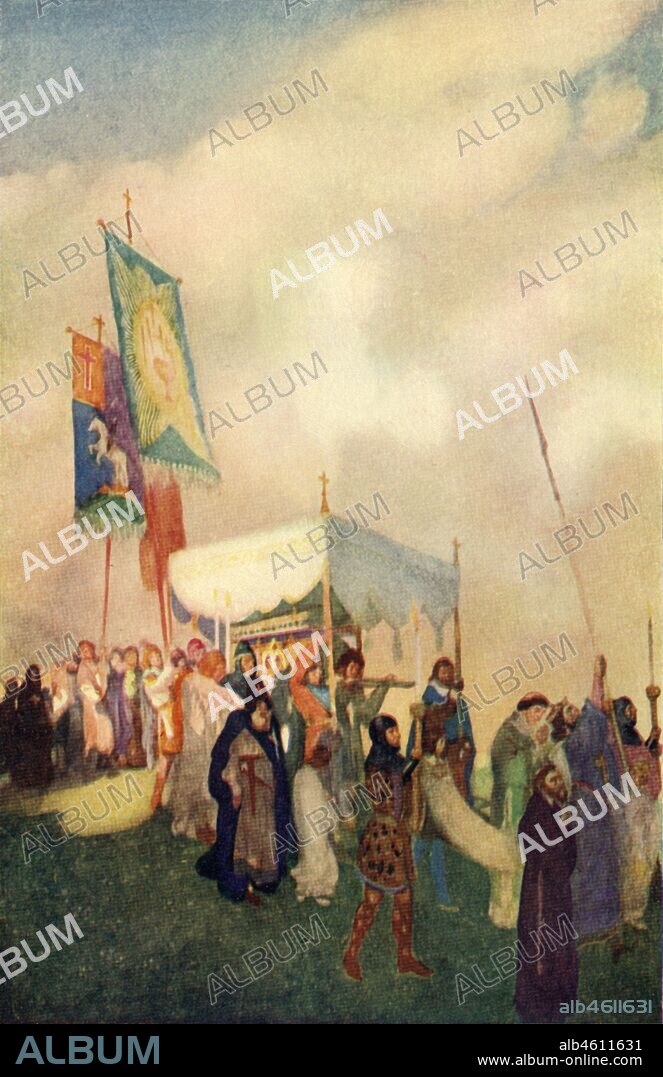 WILLIAM ANDREW POGANY. 'A Pageant', 1919. Medieval procession of people carrying a shrine under a canopy and heraldic banners. From "Myths & Legends of the Middle Ages", by H. A. Guerber. [George G. Harrap & Company Ltd, London, 1919].