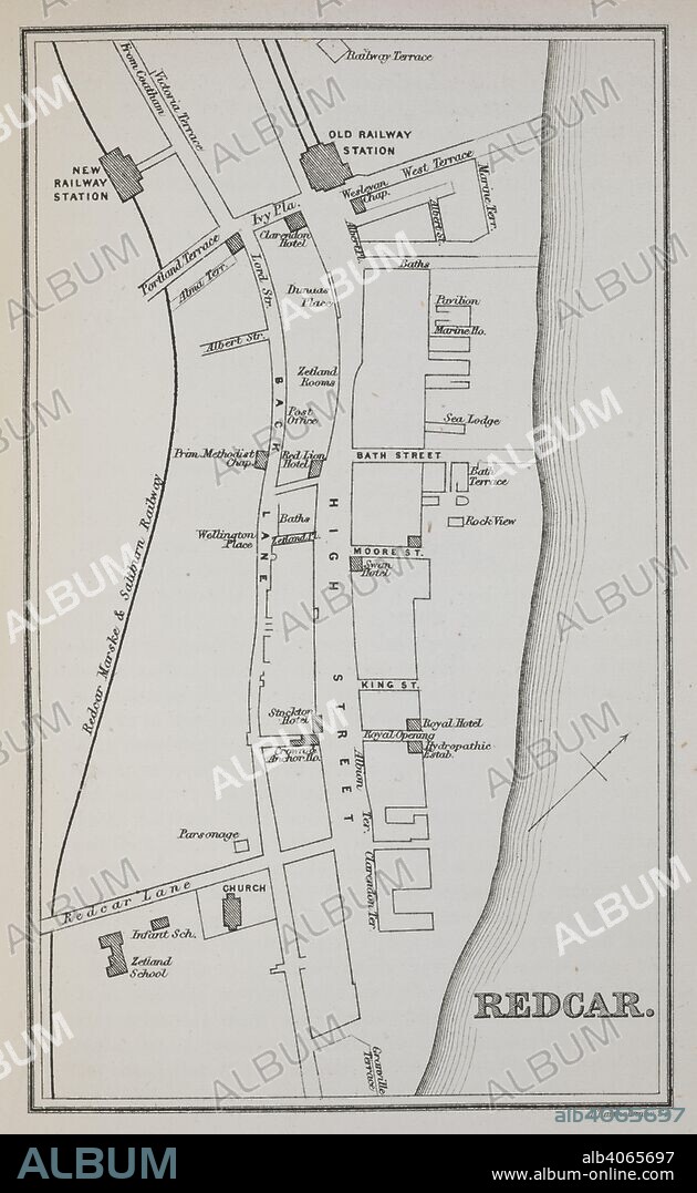 A map of Redcar. The inclusion of Redcar in 'Black's Guide to the County of York' is puzzling as the map shows little more than a single street . Black's Guide to the County of York ... Twelfth edition. Edinburgh, 1884. Source: 10347.bb.37, opposite page 280. Language: English.