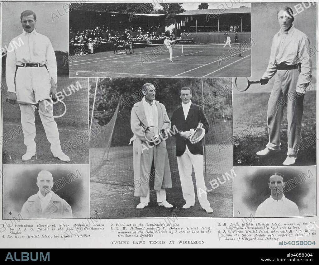 Olympic lawn tennis at Wimbledon. 1. O. Froitzheim (Germany), silver medallist, gentleman's singles; 2. Final set in the gentleman's singles. 3. M.J.G. Ritchie (British Isles) winner of the gold medal and championship; 4. Dr. Eaves (British Isles), the bronze medallist; 5. G.W. Hillyard and R.F. Doherty (British Isles), winners of the gold medals by 3 sets to love in the gentleman's doubles; 6. J.C. Parke (British Isles), who with M.J.G. Ritchie, won the silver medals ... Illustrated sporting and dramatic news. 18/06/1908. Source: Illustrated sporting and dramatic news, page 810. Language: English.