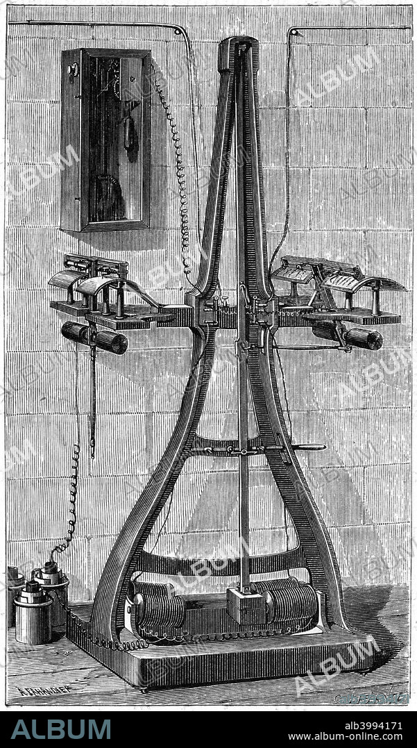Caselli's pantelegraph, 1874. This device, invented by the Italian abbot and inventor Giovanni Caselli (1815-1891) was effectively an early fax machine. At the sending station the dispatch was written or drawn on sheet of metallized paper in thick insulating ink and placed on a curved plate. At the receiving station, a sheet of paper impregnated with potassium ferrocyanide was placed in a plate and a stylus produced an image on the impregnated paper. From Les Applications de la Physique by Amedee Guillemin. (Paris, 1874).