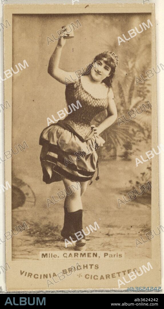 Mlle. Carmen, Paris, from the Actors and Actresses series (N45, Type 1) for Virginia Brights Cigarettes. Dimensions: Sheet: 2 3/4 x 1 3/8 in. (7 x 3.5 cm). Publisher: Issued by Allen & Ginter (American, Richmond, Virginia). Date: ca. 1888.
Trade cards from the "Actors and Actresses" series (N45, Type 1), issued ca. 1888 by Allen & Ginter to promote Virginia Brights, Dixie, Our Little Beauties and Opera Puffs Cigarettes.