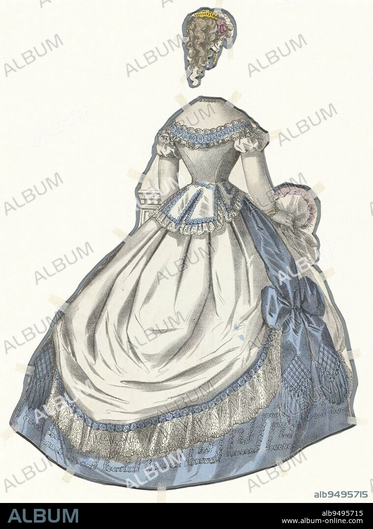 Back of a dress for a cut-out doll, In her right hand a handkerchief and bouquet., print maker: anonymous, printer: Lender, publisher: P. de Plument, Paris, 1825 - 1875, paper, engraving, height 192 mm × width 170 mm.