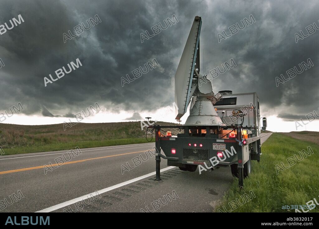 A multi-beam Rapid-Scan Doppler on Wheels portable weather radar truck scans a severe thunderstorm in central Nebraska on May 29, 2010. The Rapid-Scan DOW is one of several research vehicles that participated in VORTEX 2, a two-year science project to study tornadoes in the United States in 2009 and 2010.