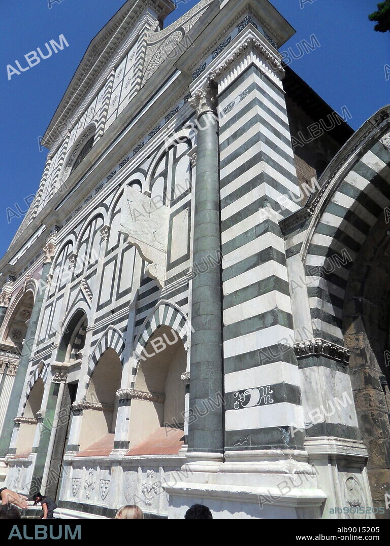 Basilica of Santa Maria Novella, a church in Florence, Italy. The first great Basilica in Florence, and the city's principal Dominican church. Designed by Fra Sisto Fiorentino and Fra Ristoro da Campi. Building began around 1246 AD, and was completed in 1360 under the supervision of Friar Lacopop Talenti, but was not consecrated until 1420. The upper part of the facade was completed circa 1470 by Leone Battisa Alberti.