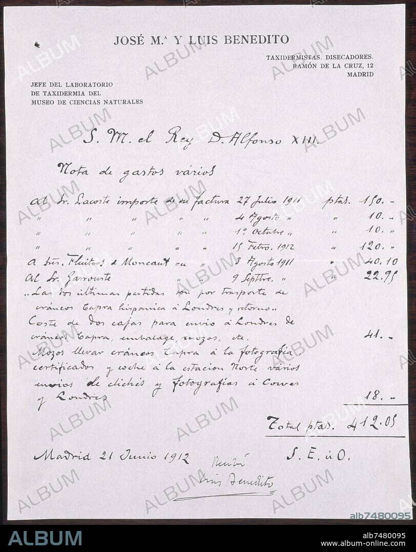 FACTURA DE JOSE Mª Y LUIS BENEDITO POR LOS TRABAJOS DE TAXIDERMIA PARA ALFONSO XIII-21/6/1912.