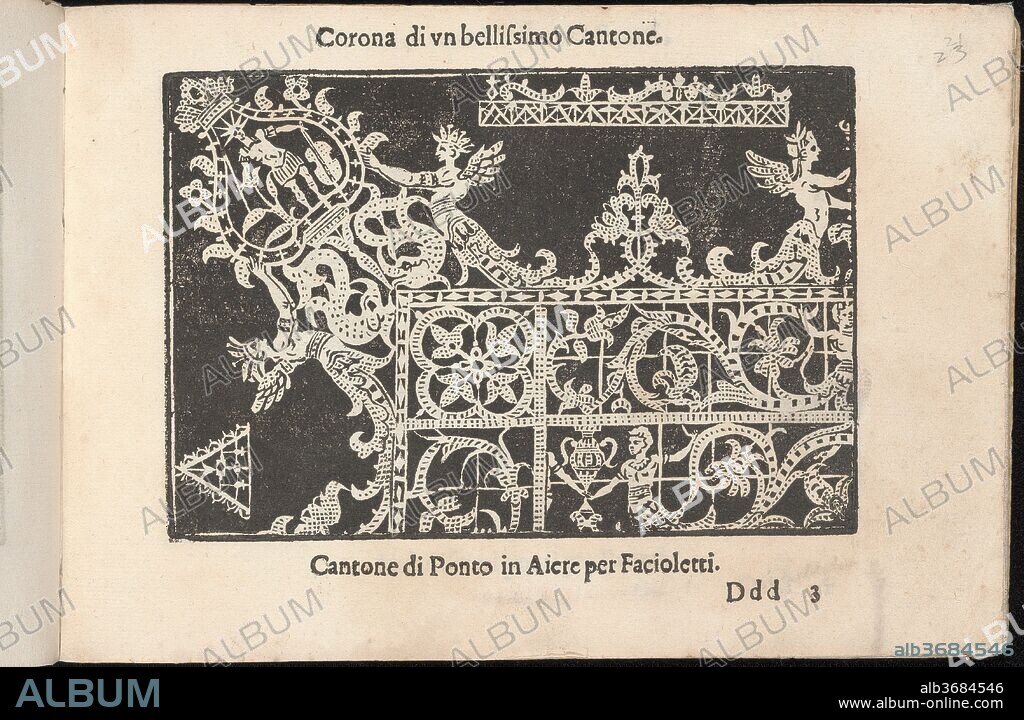 Corona delle Nobile et Virtuose Donne, Libro Terzo, page 23 (recto). Designer: Cesare Vecellio (Italian, Pieve di Cadore 1521-1601 Venice) , Venice. Dimensions: Overall: 5 1/2 x 7 11/16 in. (14 x 19.5 cm). Publisher: Alessandro de' Vecchi (Italian, active Venice, 1570-1629) , Venice. Date: 1620.
Designed by Cesare Vecellio, Italian, Pieve di Cadore 1521-1601 Venice, Venice, published by Alessandro de' Vecchi, Italian, active 17th century, Venice.
From top to bottom, and left to right:
Design consists of a central section that forms a corner. The outer edge of the corner is decorated with several floral motifs that include figural representations. The inner portion of the corner is decorated with 2 gridded horizontal registers that are ornamented with flowers and curving vines of leaves and grotesque figures. At the bottom left corner of the design is an ornamented triangle and at the top right corner is a curving vine of flowers that sits upon an ornamented rectangular base.