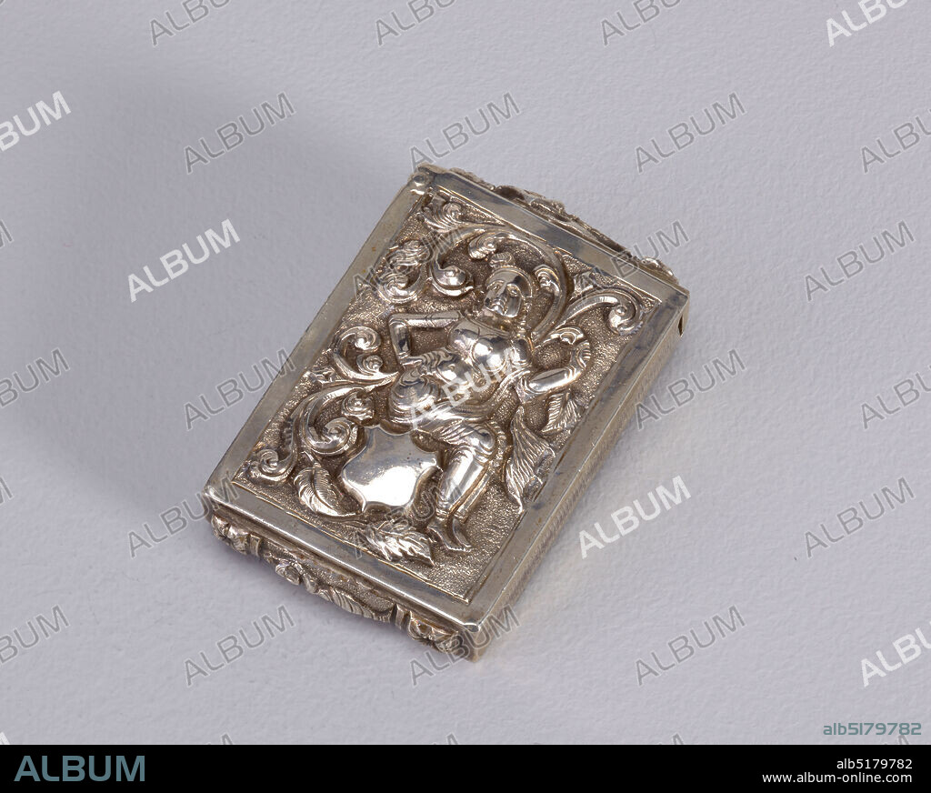 Seated Hindu Goddess, Silver, Rectangular, featuring raised decoration of Eastern Indian goddess seated on undecorated shield, surrounded by swirling foliate motifs. Reverse features goddess standing next to palm tree. Female with upraised arms on lid, as well as bottom. Lid hinged on side. Striker on each vertical side., probably India, late 19th century, containers, Decorative Arts, Matchsafe, Matchsafe.