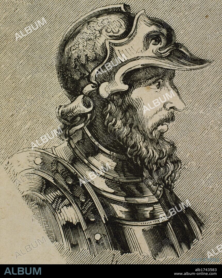 TEODOREDO. Rey visigodo (419 a 453). Sucesor de Walia. Se opuso a Atila cuando pretendía conquistar España. Grabado.