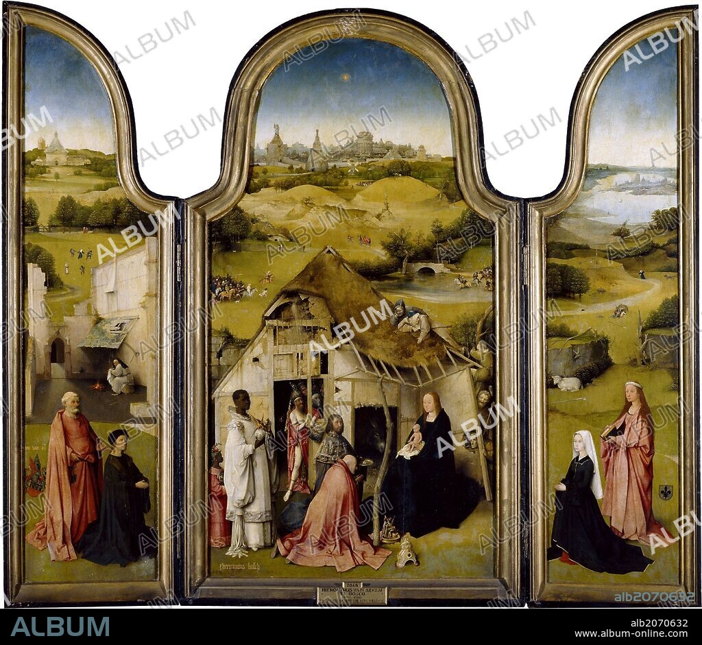 HIERONYMUS BOSCH. El Bosco / 'Adoration of the Magi', ca.  1495, Flemish School, Oil on panel, 138 cm x 138 cm, P02048.