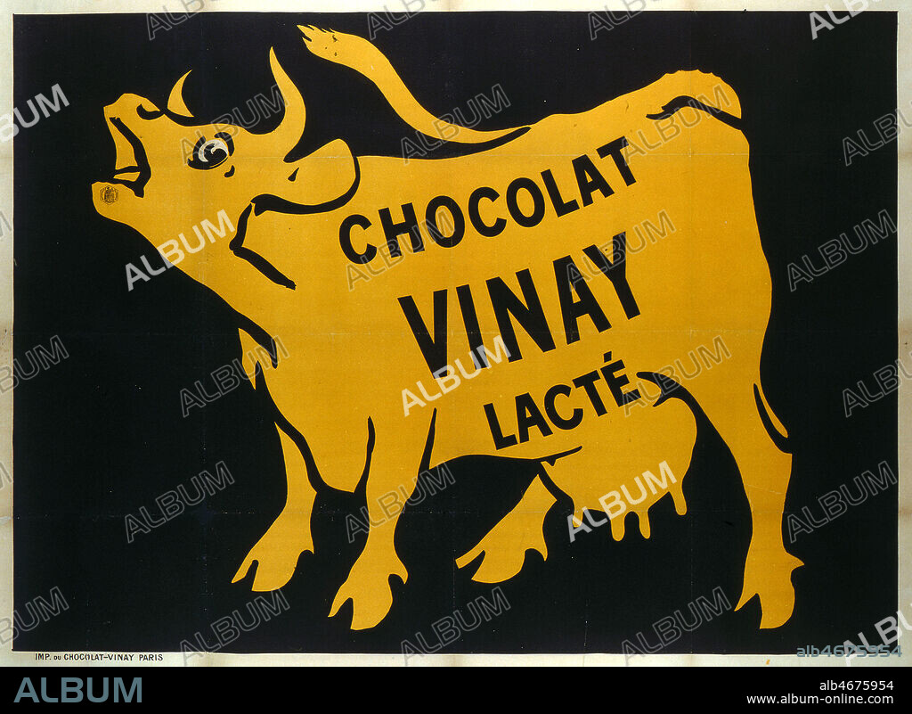 Publicite pour le chocolat VINAY lacte representant une vache meuglant. Credit : Coll. Perrin/KHARBINE-TAPABOR.