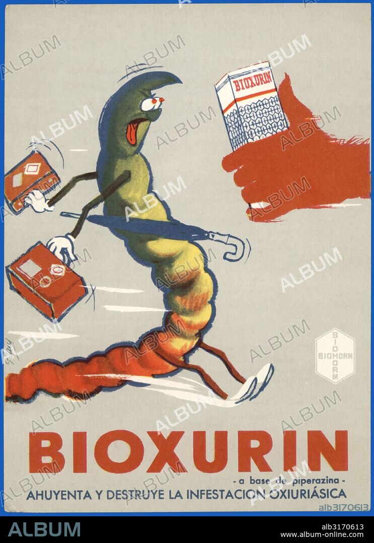 Publicidad farmacéutica. Bioxurin, medicamento contra los oxiuros, gusanos parásitos que pueden vivir en el colon y el recto de un individuo. Años 1950.