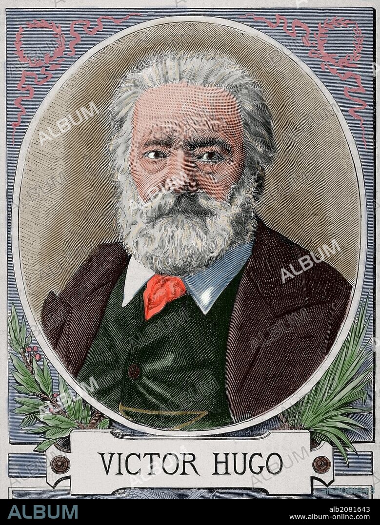 HUGO, Víctor (Besançon,1802-París,1885). Escritor francés, máximo representante del romanticismo. Grabado de Vela. "Almanaque de La Ilustración", año 1886. Coloreado.