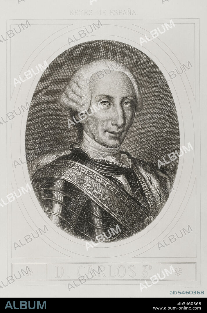 ANTOINE MASSON (1636-1700). FRENCH ARTIST.. Charles III (1716-1788). King of Spain. Bourbon dynasty. Portrait. Engraving by Masson. Lithographed by Magín Pujadas. "Historia General de España", by Modesto Lafuente. Volume IV. Published in Barcelona, 1879.