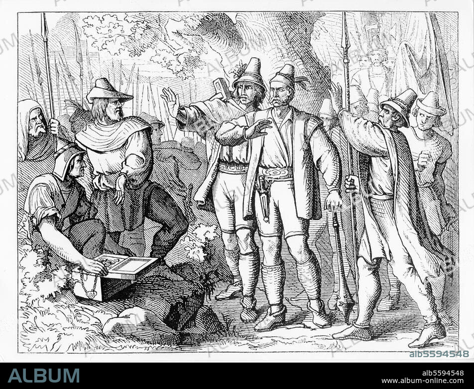 History, Germany, German Peasants' War, 16th Century. "Bavarian peasants during the time of the Swabian Peasant's War. Woodcut, c.1860, after a fresco, c.1825/30 in the Hofgartenarkaden in Munich.