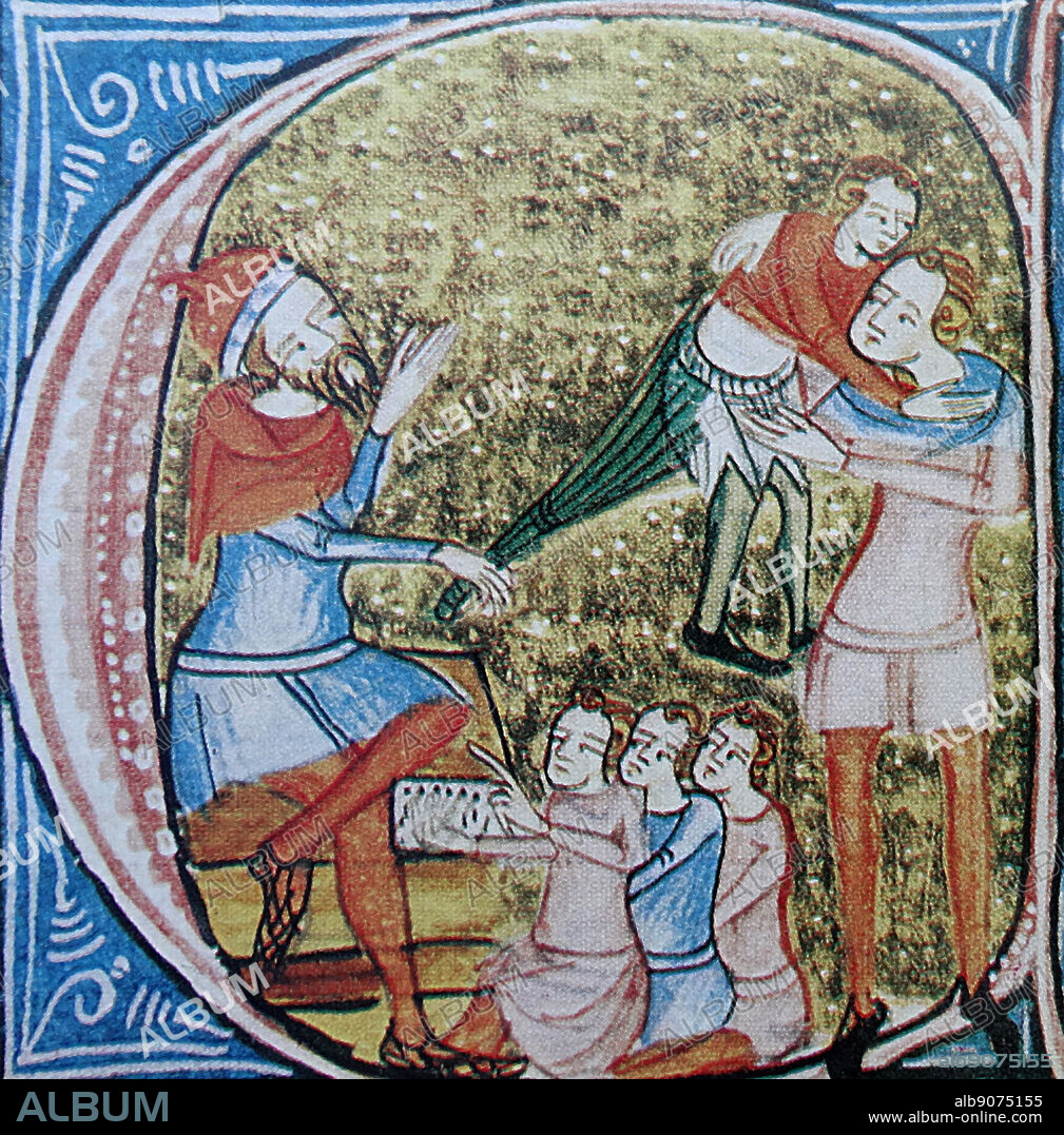 Illumination depicting the birching of an offending student. Dated 13th Century.