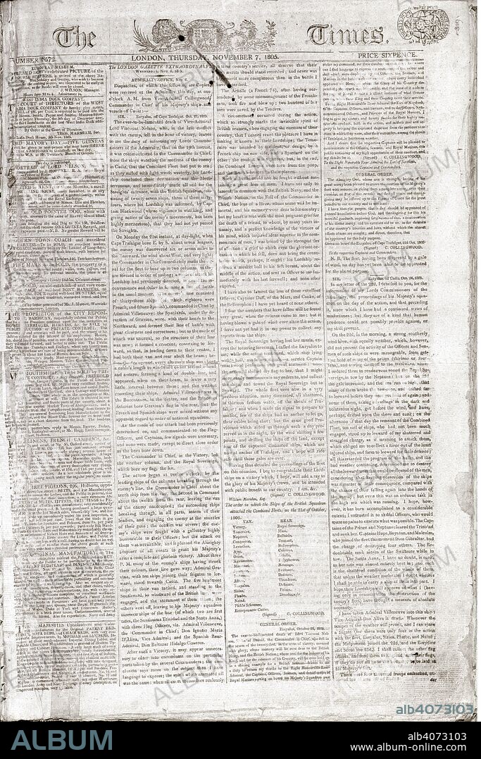 Death of Nelson dispatch. The Times. London, November 7, 1805. Report of dispatches received at the Admiralty office from Vice-Admiral Collingwood describing the death of Vice-Admiral Lord Viscount Nelson and the Battle of Trafalgar.  Image taken from The Times.  Originally published/produced in London, November 7, 1805. . Source: Colindale, no.6572. Language: English.