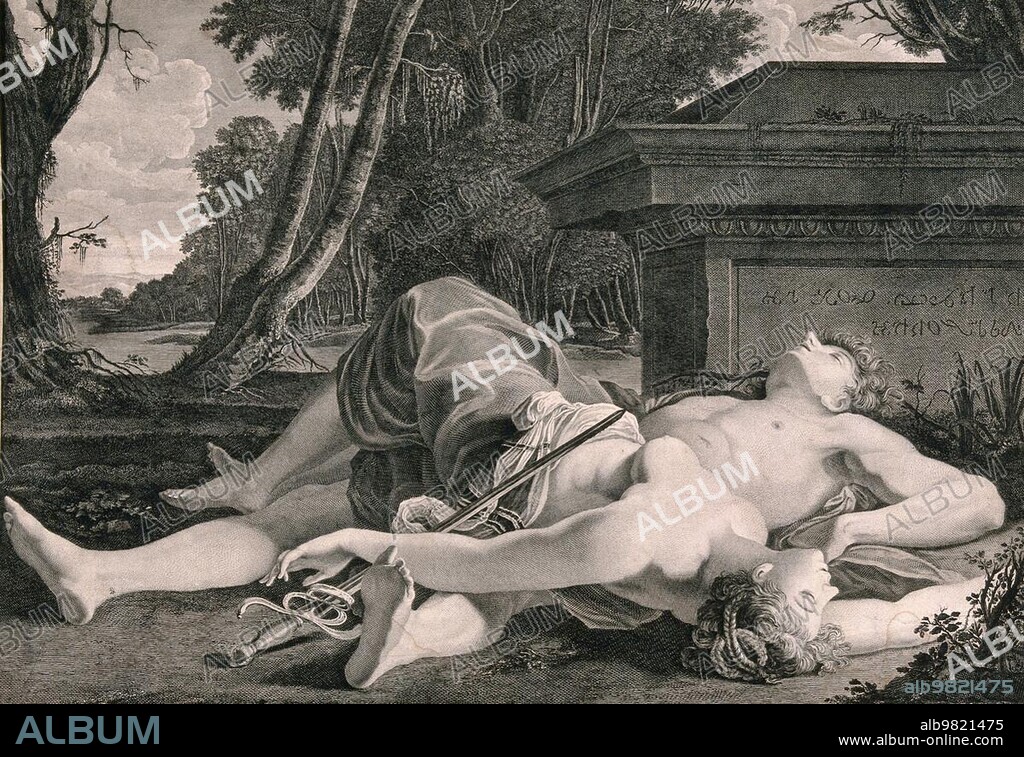 The suicide of Pyramus and Thisbe. Thisbe and Pyramus lie dead in front of the tomb of Ninus, having stabbed themselves with the sword beside them. Thisbe was a Babylonian virgin who was loved by Piramus. They lived in neighbouring houses, and since their parents would not let them marry, they talked to each other through a hole in the garden wall. Once they arranged to meet at the tomb of King Ninus, and Thisbe, who was first at the spot, heard the roar of a