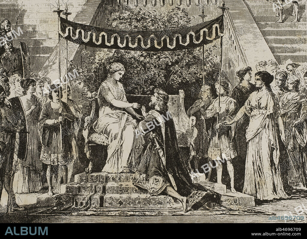 Fausto. Tragedia escrita por Johann Wolfgang von Goethe (1749-1832). Representación de una escena de la segunda parte de la obra: el casamiento de Helena. Grabado. La ilustración. Revista hispano-americana, 1884.