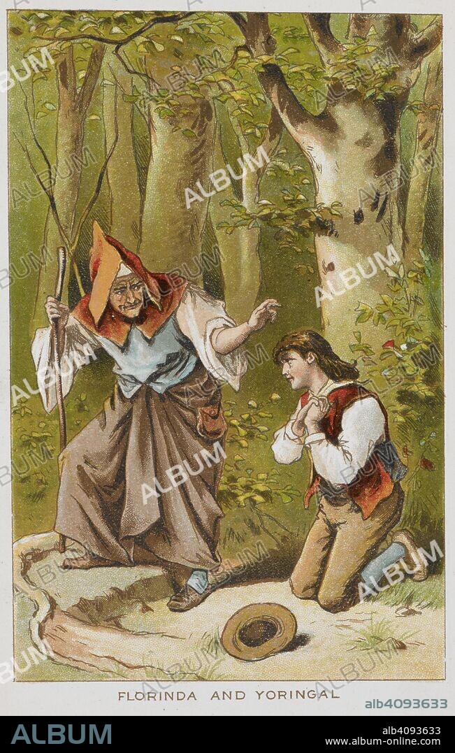 JACOB LUDWIG CARL GRIMM. Florinda and Yoringal. Grimms' fairy tales and household stories for young people / translated from the German [by] Mrs H B Paull and Mr L A Wheatley. Frederick Warne (no date). Source: X15/4405 DSC opposite 266.