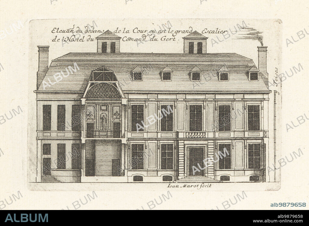 Elevation of the courtyard with grand staircase in the Hotel de Jars, built near the Porte de Richelieu by architect Francois Mansart for Francois Rochechouart, Commandeur de Jars, in 1648. Elevation du dedans de la Cour ou est le grand Escalier, de l'Hostel du Comandeur du Gert, a Paris proche la porte de Richelieu. Copperplate engraving drawn and engraved by Jean Marot from his Recueil des Plans, Profils et Elevations de Plusieurs Palais, Chasteaux, Eglises, Sepultures, Grotes et Hotels,Collection of Plans, Profiles and Elevations of Palaces, Castles, Churches, Tombs, Grottos and Hotels, chez Mariette, Paris, 1655.