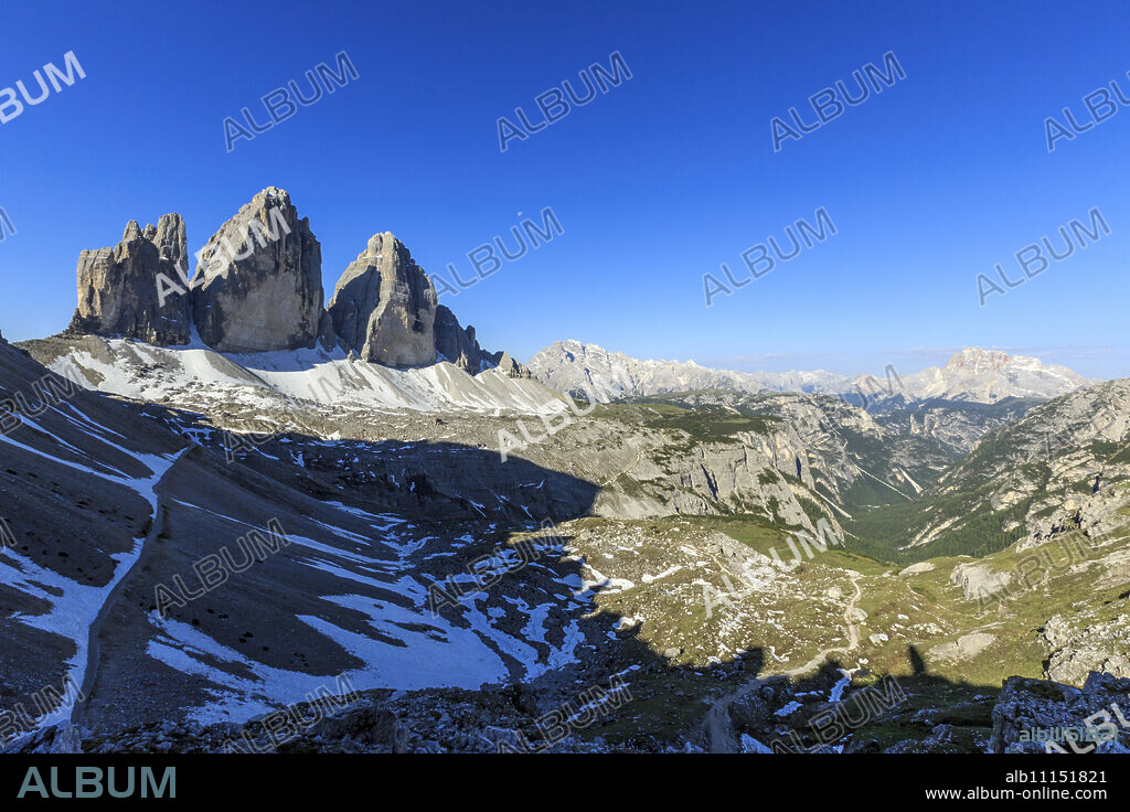 View of the Three Peaks of Lavaredo on a summer day, Sesto, Dolomites, Trentino-Alto Adige, Italy, Europe.
