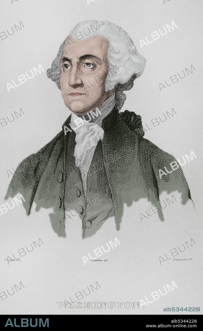 George Washington (1732-1799). Primer presidente de los Estados Unidos entre 1789-1797. Comandante en jefe del Ejército Continental revolucionario en la Guerra de la Independencia de los Estados Unidos (1775-1783). Grabado por Vernier. Panorama Universal. Historia de los Estados Unidos de América, por Roux de Rochelle. Edición española impresa en Barcelona, 1850. Coloreado.