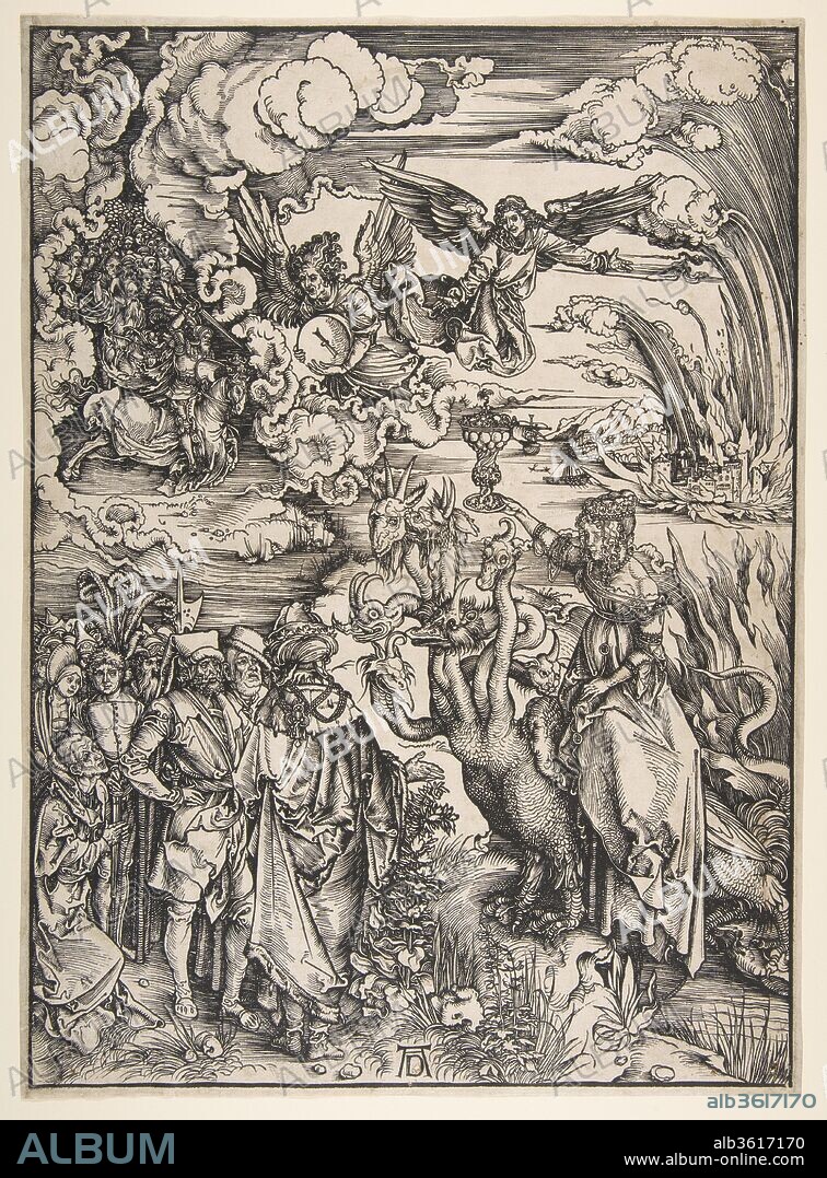 ALBERTO DURERO. The Whore of Babylon, from The Apocalypse. Artist: Albrecht Dürer (German, Nuremberg 1471-1528 Nuremberg). Dimensions: sheet, 15-5/8 x 11-1/4 in. (39.5 x 28.6 cm). Date: 1498.
By 1498, Dürer had published more than two dozen prints, which brought him to the attention of artists and connoisseurs not only in his native Nuremberg and other German-speaking areas but also across the Alps in Italy. It was the prodigious woodcuts of The Apocalypse, however, published in 1498, that made him enormously famous. There was a long tradition of Apocalypse illustrations in manuscripts, which continued in printed books, but nothing like Dürer's galvanizing imagination had ever been brought to bear on the text. In previous printed Bibles, illustrations had been put on pages along with the words, but Dürer gave precedence to the image, taking the entire large page of what he himself called a "superbook" for each of his fifteen subjects. This last image in the series marks the appearance of the whore of Babylon in the Book of Revelation (17:3--4): "And I saw a woman sitting on a scarlet beast, full of names of blasphemy with seven heads and ten horns. The woman was garbed in purple and scarlet, and gilded with gold, gems, and pearls, and bearing a golden goblet in her hand full of abominations and filthiness of her fornication." Babylon, the domain that embodies evil on earth, burns with huge explosions of flame and smoke in the distance, and from the upper left come the armies of heaven, led by the knight Faithful-and-True.