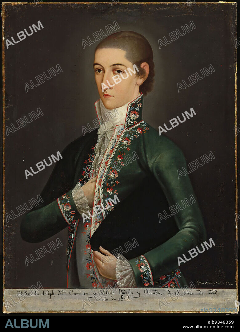 Don José María Gómez de Cervantes y Altamirano de Velasco, Count of Santiago de Calimaya, Ignacio Ayala, Mexican, 1786-1856, Oil on canvas, Mexico, 1802, 33 x 25 1/8in., 83.8 x 63.8cm, aristocrat, bourgeois, class, collar, colonial, Court, cravat, cuffs, Dress, elite, embroidery, european, general, hand-held-in, hat, high society, lace, man, mexican, Mexican Painting, money, nobility, noble, painting, portrait, religious, rich, silk, silk coat, spanish, Spanish Colonial, three-quarter, titled, upper.