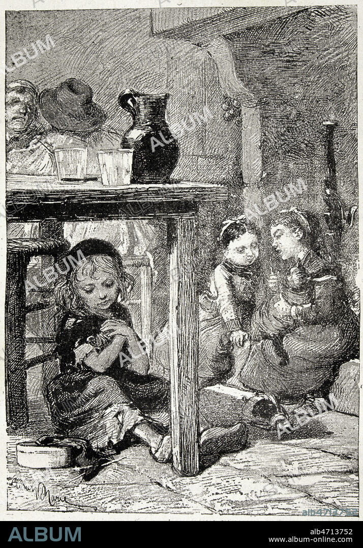 'Cosette et les enfants de Thenardier, Eponine et Azelma' Gravure par Adrien MARIE (1848-1891) pour l'ouvrage 'Les Miserables' par Victor HUGO(1802-1885) a Paris en 1865. Credit: JEAN VIGNE/ KHARBINE TAPABOR.