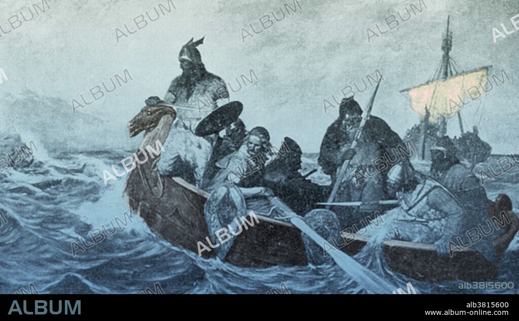 Leif Ericson off the coast of Vinland, photogravure by G. A. Wergeland, 1894. Leif Ericson (970 -1020) was a Norse explorer regarded as the first European to land in North America, nearly 500 years before Christopher Columbus. According to the Sagas of Icelanders, he established a Norse settlement at Vinland, tentatively identified with the Norse L'Anse aux Meadows on the northern tip of Newfoundland in modern-day Canada. Leif was the son son of Erik the Red, an explorer, outlaw fans founder of the first Norse colonies in Greenland. According to the Saga of Erik the Red, Leif apparently saw Vinland for the first time after being blown off course on his way to introduce Christianity to Greenland.