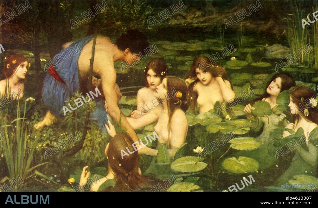 JOHN WILLIAM WATERHOUSE. 'Hylas and the Water Nymphs', 1896, (c1915). In Greek and Roman mythology as described by the poet Ovid, Hylas is abducted by Naiads, while seeking drinking water. Oil painting held at Manchester Art Gallery. From "Classic Myth and Legend", by A. R. Hope Moncrieff. [The Gresham Publishing Company Limited, London, ].