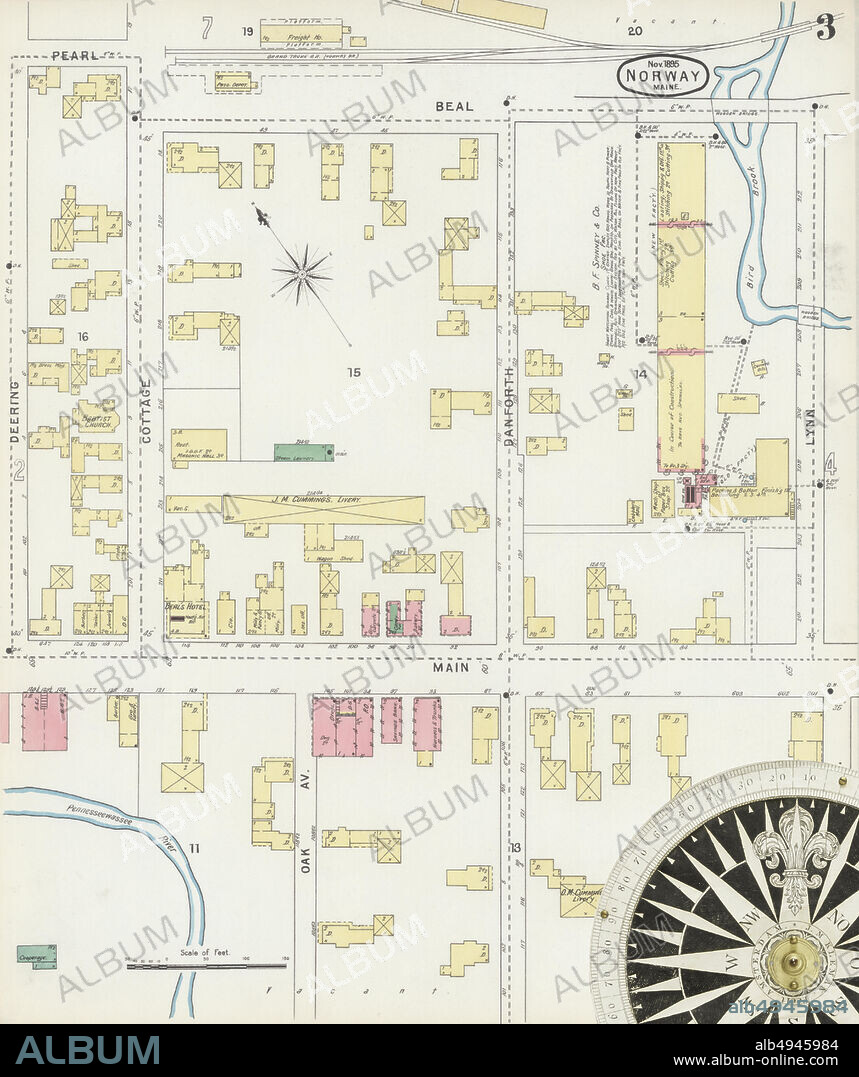 Image 3 of Sanborn Fire Insurance Map from Norway, Oxford County, Maine. Nov 1895. 7 Sheet(s). Includes South Paris, America, street map with a Nineteenth Century compass.