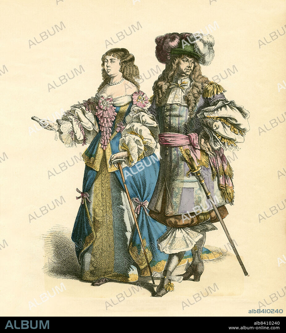 French Nobility in Court Dress, Last Third of 17th Century, Illustration, The History of Costume, Braun & Schneider, Munich, Germany, 1861-1880.