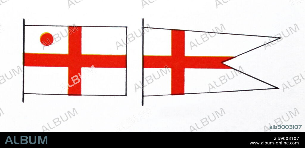 Illustration depicting the flags of the Vice Admiral (left) and Commodore 1st Class (right) used by the Royal Navy. Dated 20th Century.