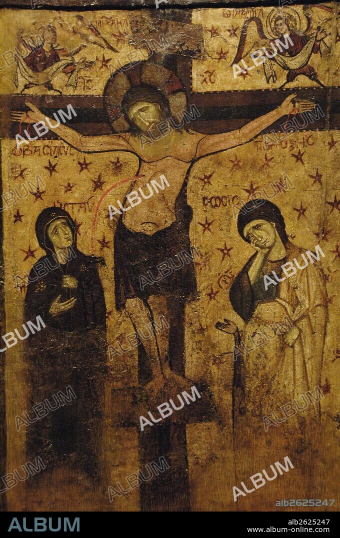 ARTE BIZANTINO. GRECIA. ICONO de doble cara con escena de la CRUCIFIXION en la parte frontal y la Virgen Hodegetria en la trasera. En la frontal se aprecian tres fases distintas en el trazado de la pintura fechadas en los siglos IX, X y XIII. Museo Bizantino. Atenas.