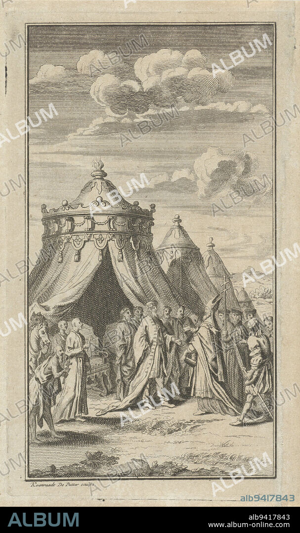 In front of a number of richly decorated tents, a meeting takes place between a monarch and a bishop., Meeting between a monarch and a bishop, print maker: Coenraad de Putter, (mentioned on object), Netherlands, 1729 - 1744, paper, etching, engraving, h 147 mm × w 87 mm.