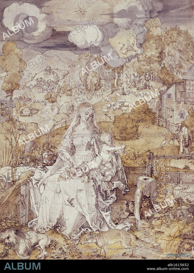 ALBERTO DURERO. The Virgin with Animals  1503  Albrecht Durer (1471-1528/German)  Ink with Watercolor  Graphische Sammlung, Albertina, Vienna, Austria.