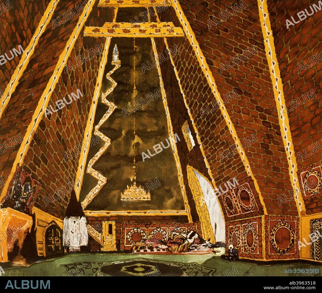 Set design for Thamar, ballet by Mily Balakirev, 1912. Published in L'Art Decoratif de Leon Bakst. (Paris, 1913). From the Musee des Arts Décoratifs, Paris.