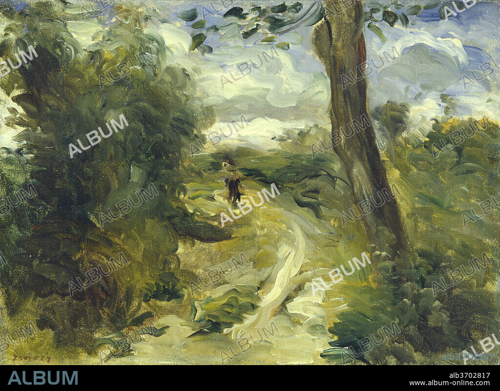 AUGUSTE RENOIR. Landscape between Storms. Dated: 1874/1875. Dimensions: overall: 24.4 x 32.6 cm (9 5/8 x 12 13/16 in.)  framed: 45.1 x 52.7 x 6.7 cm (17 3/4 x 20 3/4 x 2 5/8 in.). Medium: oil on canvas.