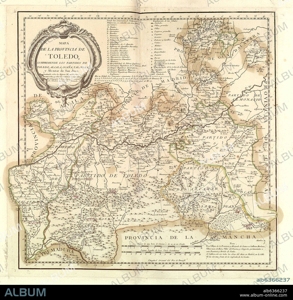 TOMÁS LÓPEZ. MAPA DE LA PROVINCIA DE TOLEDO, COMPREHENDE LOS PARTIDOS DE TOLEDO, ALCALA, OCAÑA, TALAVERA Y ALCAZAR DE SAN JUAN, 1768, GRABADO COLOREADO 40,5x40,5.