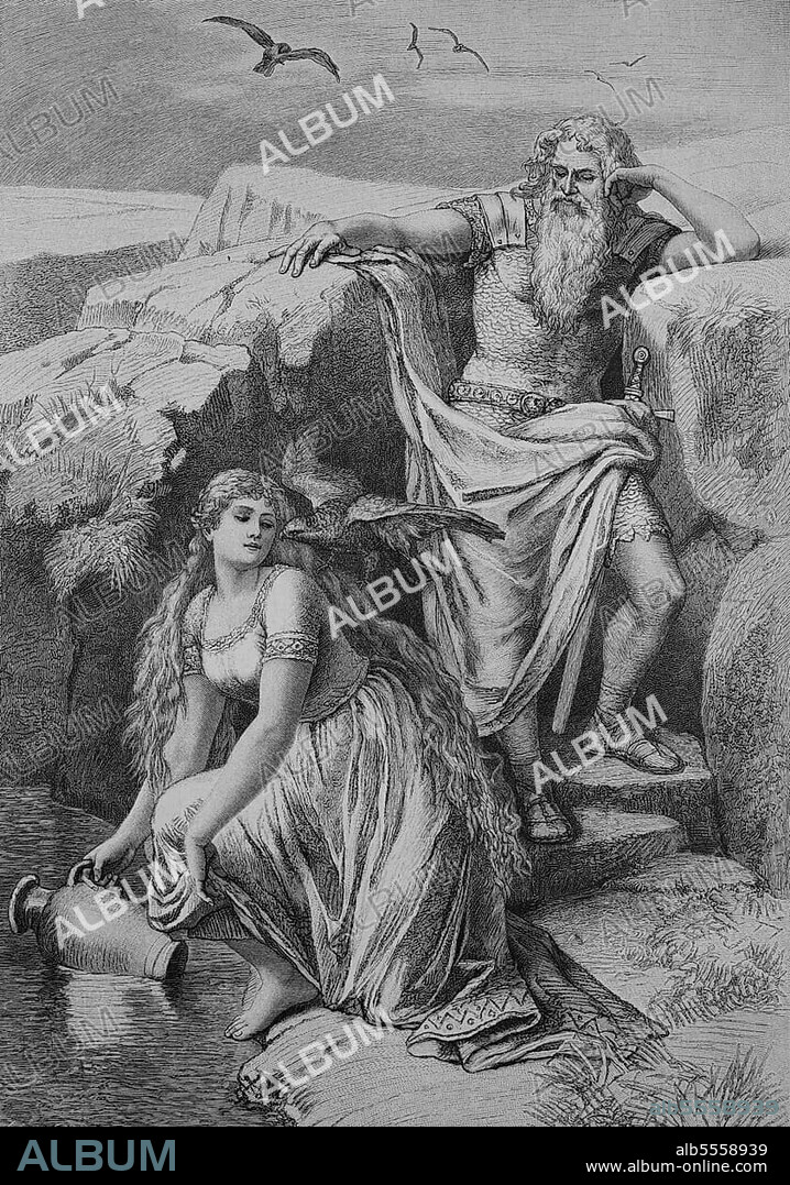 King Sigurd of Norway, Bride Ride, the King has a jug of water handed to him by Alfsonne, in the year 1100, Historical, digital reproduction of an original 19th century artwork, original date unknown