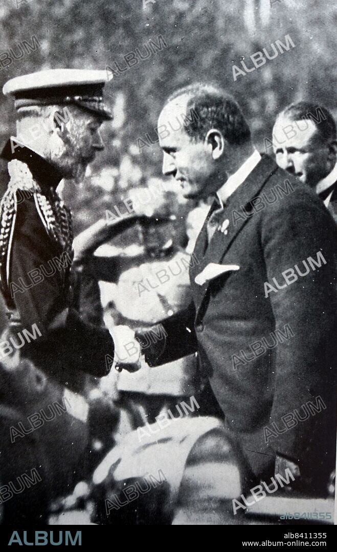King George meets Mussolini in Rome in 1923. Benito Amilcare Andrea Mussolini (29 July 1883 - 28 April 1945) was an Italian politician who founded and led the National Fascist Party. He was Prime Minister of Italy from the March on Rome in 1922 until his deposition in 1943, and "Duce" of Italian Fascism from the establishment of the Italian Fasces of Combat in 1919 until his execution in 1945 by Italian partisans. George VI (Albert Frederick Arthur George; 14 December 1895 - 6 February 1952) was King of the United Kingdom and the Dominions of the British Commonwealth from 11 December 1936 until his death in 1952. He was concurrently the last Emperor of India until August 1947, when the British Raj was dissolved.