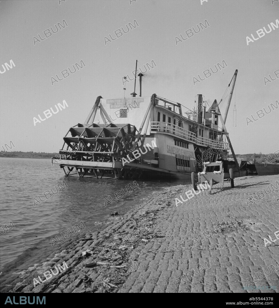 DOROTHEA LANGE. Stern wheeler pulled up to the municipal levee at Greenville, Mississippi. [Towboat: 'Sanford E. Hutson].