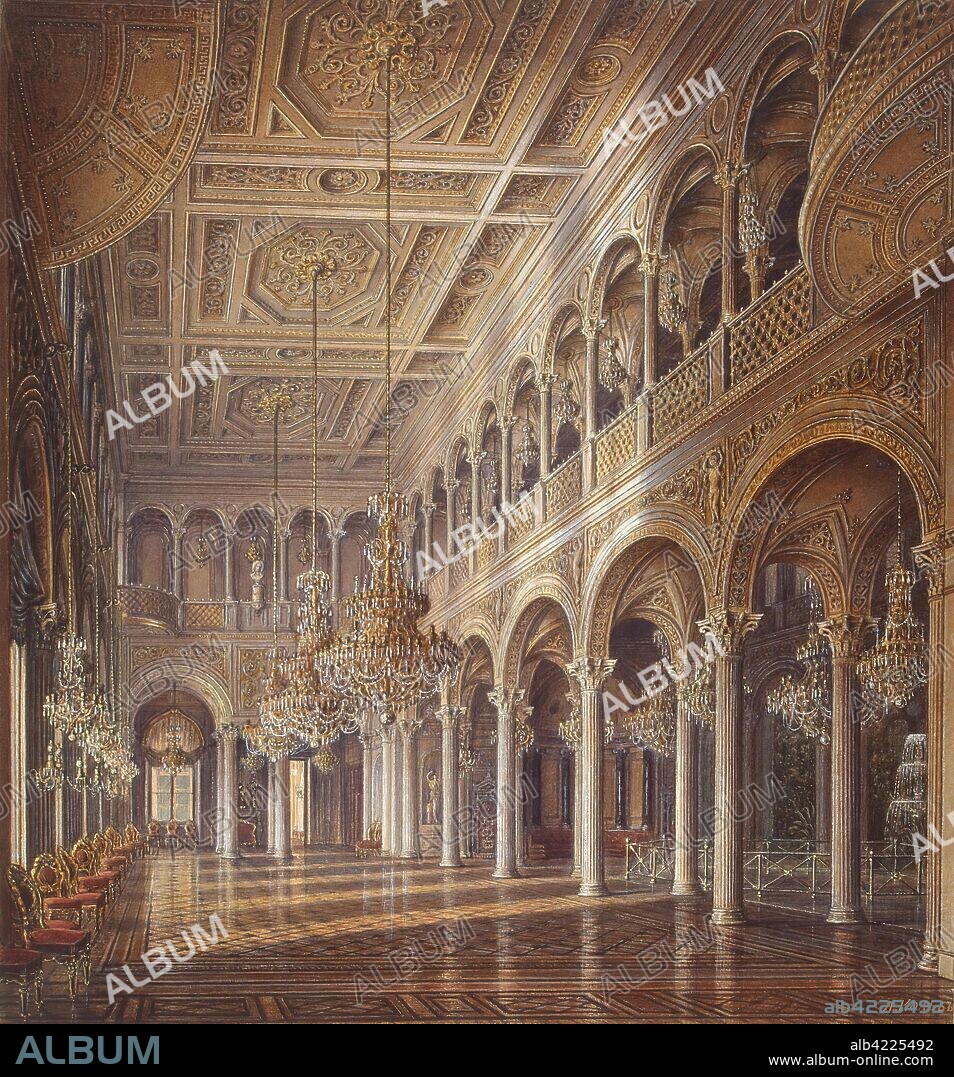 ALEXANDER KOLB. 'Interiors of the Small Hermitage. The Pavilion Hall'. Russia, Mid-19th century. Dimensions: 42x24,3 cm.