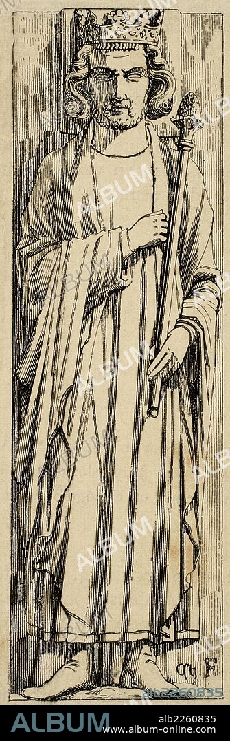 LUIS III FRANCIA (863-882). Rey de Francia Occidental, asociado en el trono con su hermano Carlomán. Combatió con éxito las invasiones normandas (881). Copia de una estatua esculpida en la losa que cubre se sepultura, en la capilla de Nuestra Señora "la Blanche", en Saint-Denis. Historia Universal, 1881.