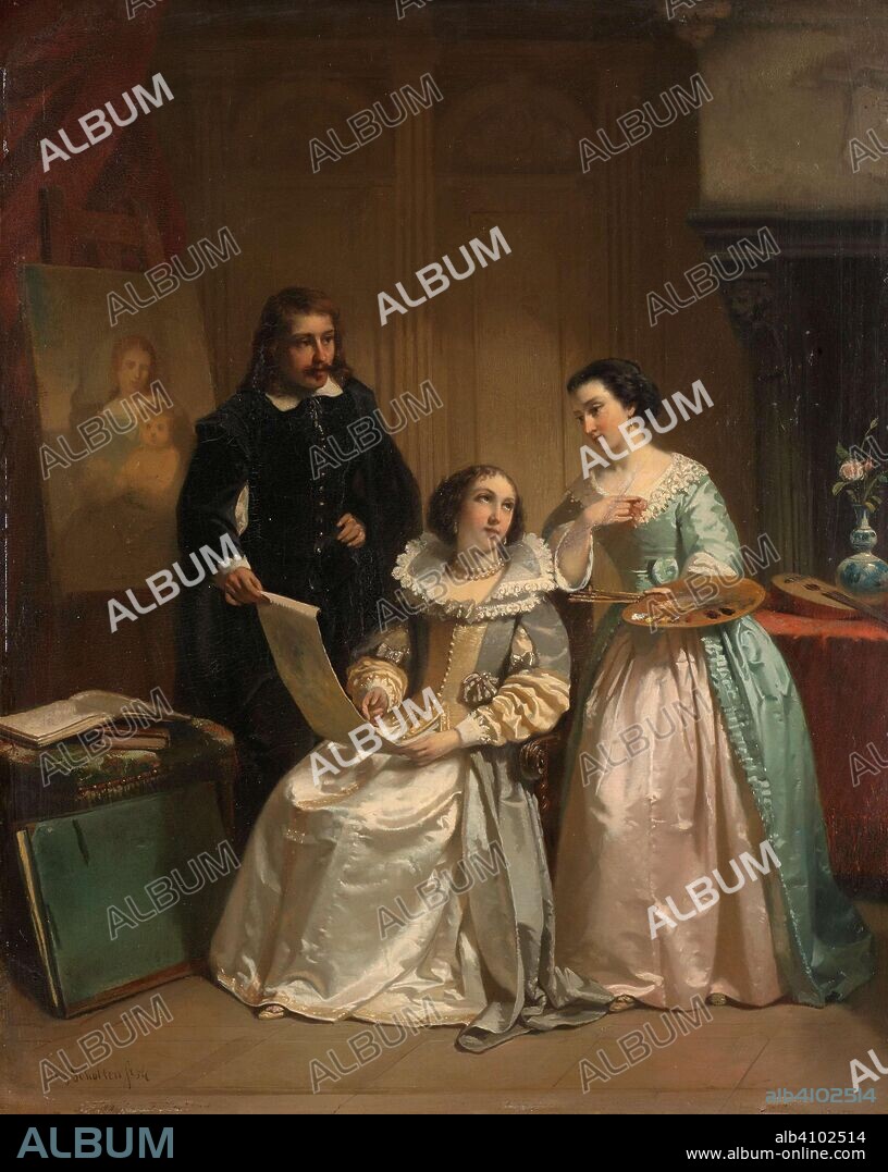 HENDRIK JACOBUS SCHOLTEN. Gerard van Honthorst Showing the Drawings of his Pupil Louise of Bohemia to Amalia van Solms. Dating: 1854. Measurements: h 48 cm × w 39.5 cm; d 9.1 cm.