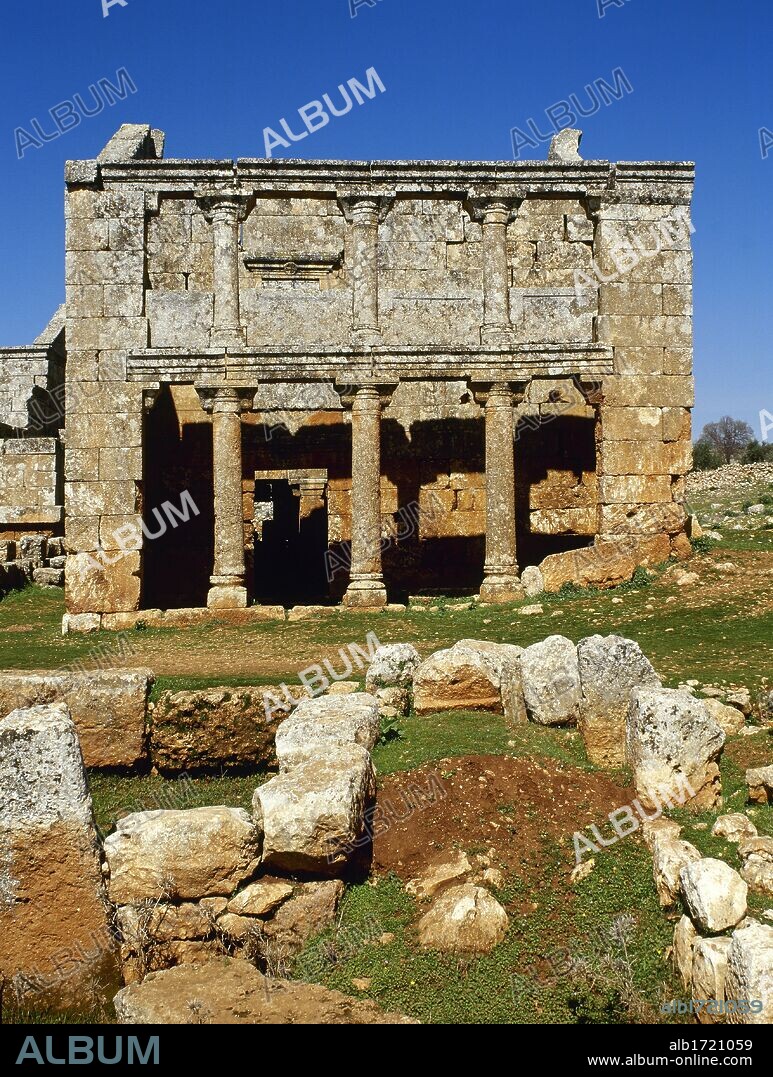 Syria. Dead Cities. Serjilla. Ancient city founded ca. 473 AD and abandoned in 7th century AD. View of the roman tavern, two story building with double portico (three columns on each floor). Exterior view. (Photo taken before the Syrian civil war).